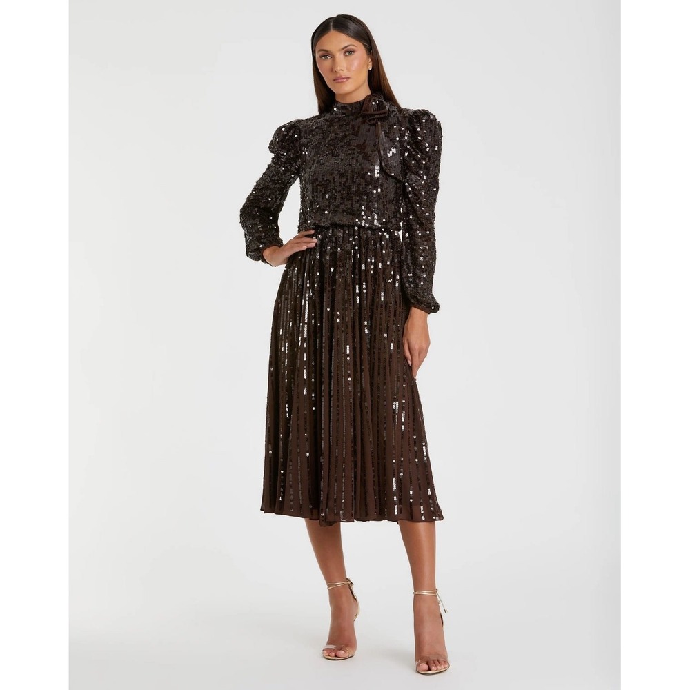 Mac Duggal Sequin Bow Neck Pleated Midi Dress Chocolate Brown 93642 Size 20
